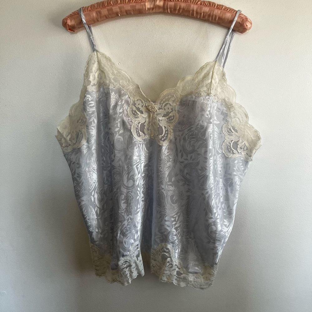 Light blue vintage cami with white lace details